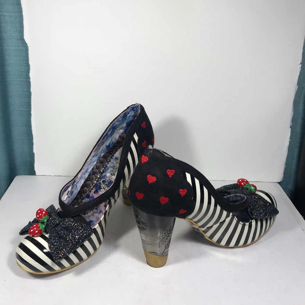 Irregular Choice Black and White Striped Heels with Red Heart Strawberry Accent